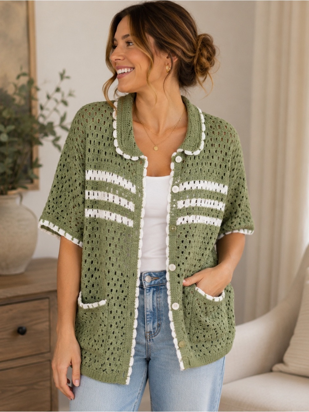 Dokotoo Green White Striped Sweater Cardigan Button Front Crochet NWT Large